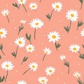 Seamless pattern with daisy flower , small white flower and green leaves on pink orange background vector illustration. Cute Royalty Free Stock Photo