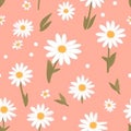 Seamless pattern with daisy flower , small white flower and green leaves on pink orange background vector illustration. Cute Royalty Free Stock Photo