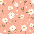 Seamless pattern with daisy flower , small white flower and green leaves on pink orange background vector illustration. Cute Royalty Free Stock Photo