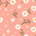 Seamless pattern with daisy flower , small white flower and green leaves on pink orange background vector illustration. Cute Royalty Free Stock Photo