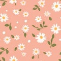 Seamless pattern with daisy flower , small white flower and green leaves on pink orange background vector illustration. Cute Royalty Free Stock Photo