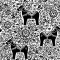 Seamless pattern Dalecarlian Dala horse traditional wooden horse statuette originating in Swedish province Dalarna. black flowers