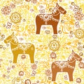 Seamless pattern Dalecarlian Dala horse traditional wooden horse statuette originating in Swedish province Dalarna. Brown yellow o