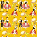 Seamless pattern Dancers in red national costume an Italian tarantella with a tambourine on yellow background. Woman and
