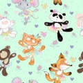 Seamless pattern with dancing animals. Kitty Fox mouse bear and Bunny. Ballerinas. Vector