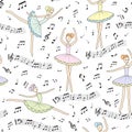 Seamless pattern with dancing ballerinas on a floral background. Vector Royalty Free Stock Photo