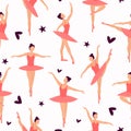 Seamless pattern of Dancing ballerinas silhouette in light-pink pointe shoes, tutu and leotard for ballet on a white background. Royalty Free Stock Photo