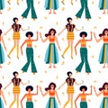 Seamless pattern with dancing women in bright clothes. Girl power background.
