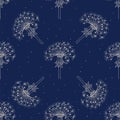 Seamless pattern of dandelions on a navy background.