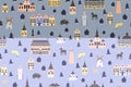 Seamless pattern, Danish travel cartoon vector landmark, flat buildings, lighthouses, trees and wild animals. Royalty Free Stock Photo