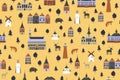 Seamless pattern, Danish travel cartoon vector landmark, flat buildings, lighthouses, trees and wild animals.