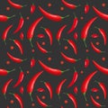 Seamless pattern on dark background with chilli peppers. Jamaican, Thai, Cayenne pepper. Hot spice. Vector illustration. Royalty Free Stock Photo