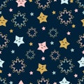 Seamless pattern on a dark background funny stars. Creative original modern kids background with stars and sequins