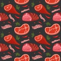 Seamless pattern on dark background with gammon, ham, bacon, steak on the bone, hot pepper and dill. Meat products