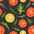 Seamless pattern on dark background with red and yellow tomatoes. Tomato vegetable with lettuce and arugula leaves