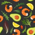 Seamless pattern on dark background with shrimp, avocado, arugula, chilli and lemon slice. Shrimp salad with avocado Royalty Free Stock Photo