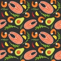 Seamless pattern on dark background with shrimp, salmon, avocado, arugula and lemon slice. Seafood and avocado Royalty Free Stock Photo