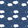 Seamless pattern. Dark blue background. Clouds and stars vector texture. Royalty Free Stock Photo