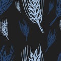 Seamless pattern with dark blue and light blue wheat plants on black background. Traditional print, bakery design, packaging wallp