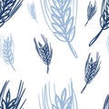 Seamless pattern with dark blue and light blue wheat plants on white background. Traditional print, bakery design, packaging wallp