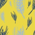 seamless pattern with dark blue and light blue wheat plants on yellow background. Traditional print, bakery design, packaging wal