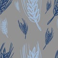 Seamless pattern with dark blue and light blue wheat plants on gray background. Traditional print, bakery design, packaging wallpa