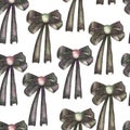 A seamless pattern with a dark bows decorated by jewel, painted in colored pencils on a white background