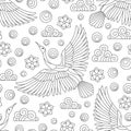 Seamless illustration with dark contour birds, clouds and flowers, outline birds on a white background