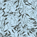 Seamless pattern of dark contour leaves on a blue background. Botanical background for fabric, tile, wallpaper. Vector monochrome