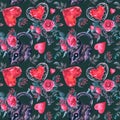 Seamless pattern on a dark dreen background from the Valentine day collection. A lock and a key with a heart shaped, red Royalty Free Stock Photo
