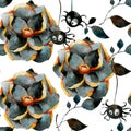 Seamless pattern of dark flowers surrounded by spiders. Background for Halloween Royalty Free Stock Photo