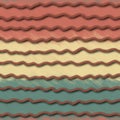 Seamless pattern of dark red undulated lines on multicolored background. Hand-drawn children`s wavy uneven stripes