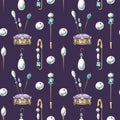 Seamless pattern on dark violet background made of hand drawn illustrations of vintage jewelry, crystal pins, pearls Royalty Free Stock Photo