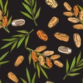 Seamless pattern with date fruits and palms