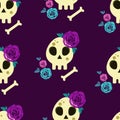 Seamless Pattern with Skulls and roses. Endless Pattern on a purple background. Illustration for the day of the Dead or Halloween.