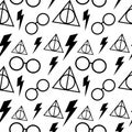 seamless pattern with Deathly Hallows, eyeglass,