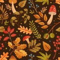 Seamless pattern decorated with autumn leaves, forest mushrooms and tree branches. Repeatable seasonal background with