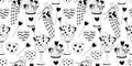 Doodle seamless pattern decorated with desserts, candies, sweets.