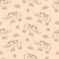 Seamless pattern of decorated elephant, lotus and flower patterns. The concept of Indian culture. Cute cartoon background