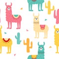 Seamless pattern with decorated lamas and cactus. Trendy cartoon print.Pink, yellow, blue animal on white backdrop