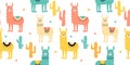 Seamless pattern with decorated lamas in poncho and cactus. Trendy cartoon print.