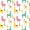 Seamless pattern with decorated lamas in poncho and cactus. Trendy cartoon print.