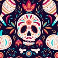 Seamless pattern with decorated skull, maracas, bones and stylized flowers. Mexican Day of the Dead. Dia de los Muertos vector Royalty Free Stock Photo