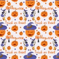 Seamless pattern for decoration design for all saints eve holiday Halloween Witch stands with a broom pumpkin in a hat flat vector