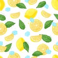Seamless pattern with decoration of fresh lemons, lemon slices, ice and mint. Royalty Free Stock Photo