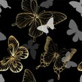 Seamless pattern with decorative butterflies golden outline. design greeting card and invitation of wedding, birthday, Valentine s