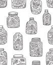 Seamless pattern with decorative flowers, moths and butterflies in jars. Ink cector background