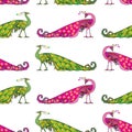 Seamless pattern of decorative green and pink peackoks Royalty Free Stock Photo