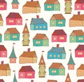 Seamless pattern with decorative houses. City background. Hand drawn town template Royalty Free Stock Photo