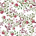 Seamless pattern watercolor flowers with berry on white background.